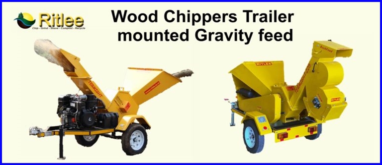 Gravity feed chippers and chippers with grinder Trailer Mounted